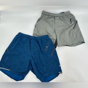 2x Lululemon Surge Shorts Mens Medium Running Gym Lined Bundle Flaws Blue Gray